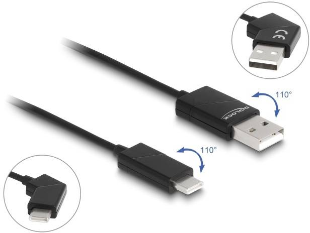 Ein schwarzes USB-Kabel mit einem um 110 Grad drehbaren Steckerkopf an beiden Enden, gezeigt in zwei Ansichten, USB und Lightning.