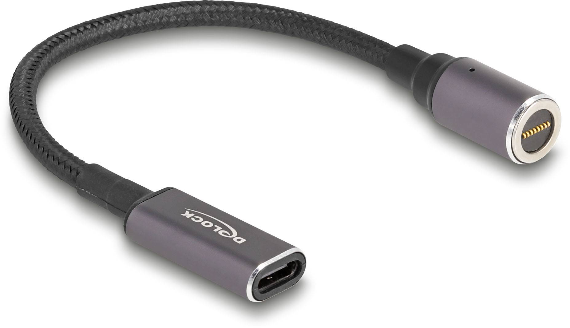 Ein schwarzes USB-C-Verlängerungskabel von Delock mit einem flexiblen, etwa 15 cm langen Kabel und metallischen Anschlüssen.