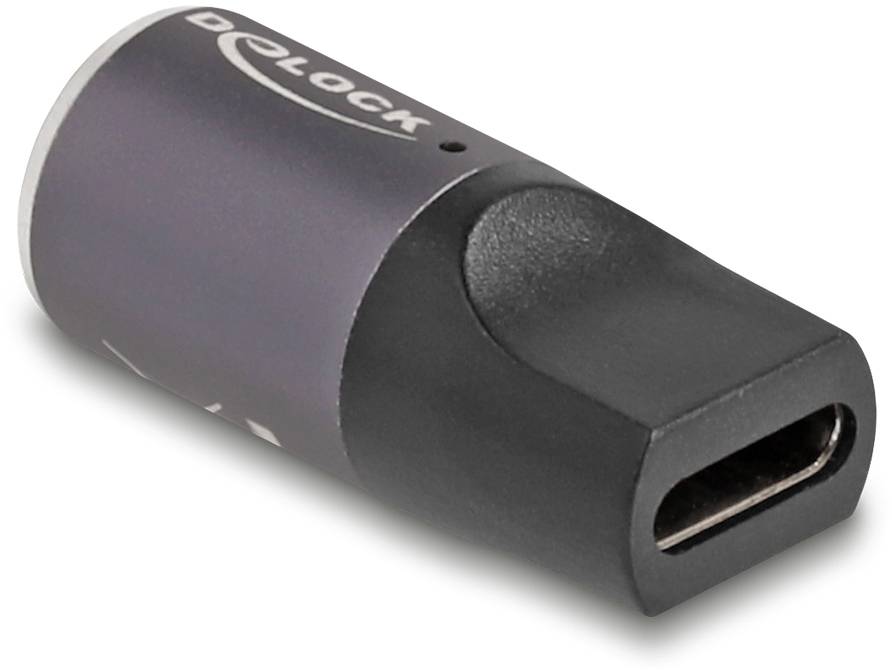 Adapter mit USB-C auf Mikro-USB-Anschluss, dunkelgraues Gehäuse, kompaktes Design. Eignet sich zum Verbinden verschiedener Kabel.
