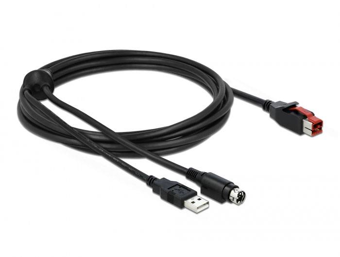Ein schwarzes Kabel mit USB- und DIN-Steckern an beiden Enden, geeignet für den Anschluss von Musikinstrumenten an Computer.