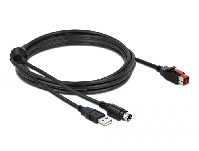 Ein langes, schwarzes Kabel mit einem USB-Stecker und einem runden, mehrpoligen Stecker an einem Ende; am anderen Ende ein spezieller Stecker.