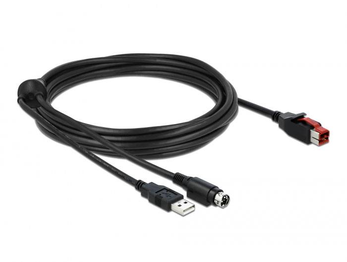 Schwarzes USB-Verlängerungskabel mit drei Steckertypen: USB-A, roter C13-Stromanschluss und runder fünfpoliger Mini-DIN-Stecker.