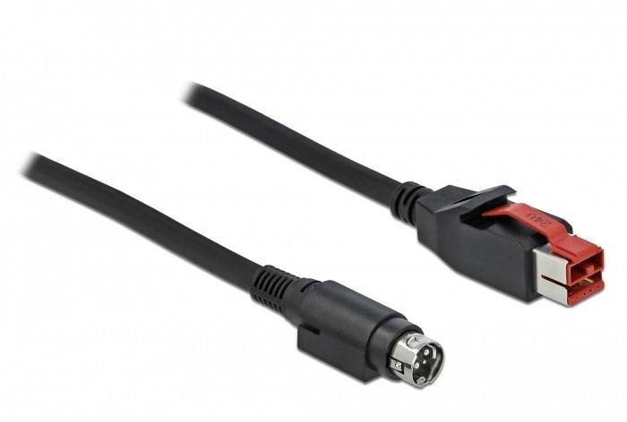 Ein schwarzes Kabel mit einem Mini-DIN-Stecker auf der einen Seite und einem Molex-Stecker auf der anderen, vor weißem Hintergrund.