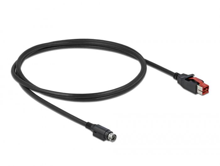 Ein schwarzes Kabel mit zwei verschiedenen Steckern an den Enden; einer ist viereckig mit rotem Clip, der andere rund mit Metallstift.