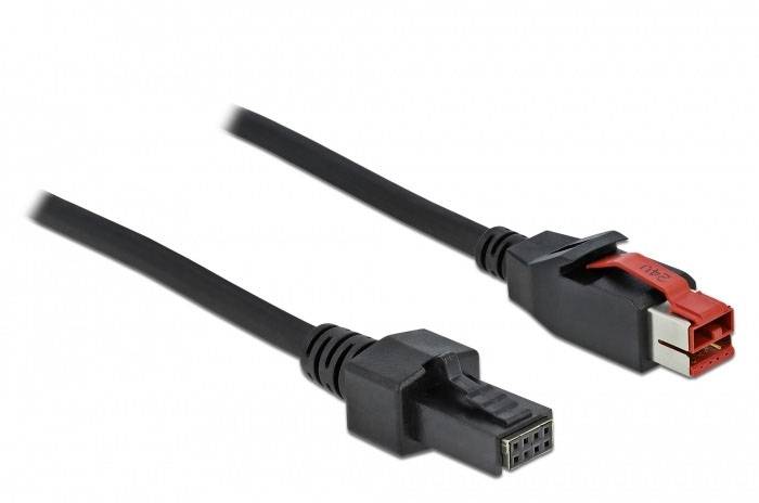 Zwei schwarze Kabelstecker: links ein sechspoliger, rechts ein red-lock Steckverbinder. Verwendet für sichere Daten- oder Stromverbindungen.