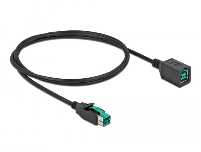 Ein schwarzes USB-Kabel mit zwei Anschlüssen: ein USB-Stecker und eine USB-Buchse, die miteinander verbunden sind.