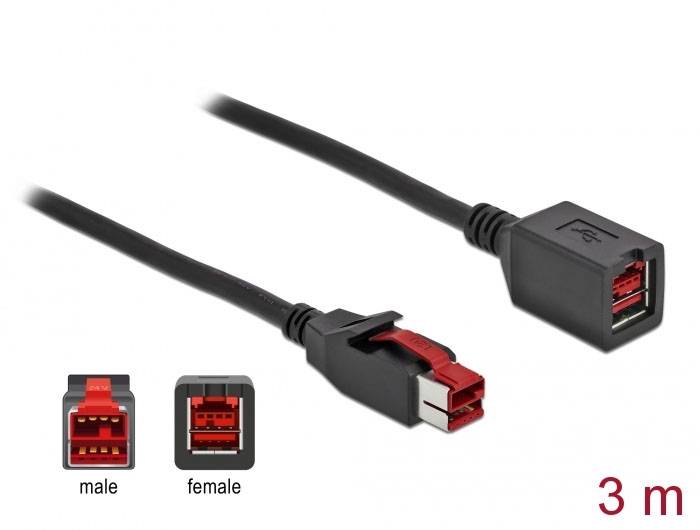 3 m USB-Verlängerungskabel. Schwarzes Kabel mit einem männlichen und einem weiblichen Stecker. Stecker weisen rote Innenfarben auf.