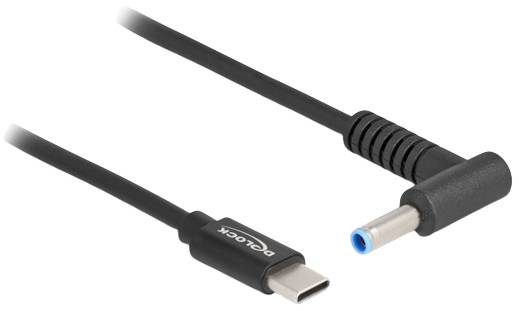 Ein USB-C-auf-Einschubnetzteilkabel von Delock für Laptops, schwarz, mit abgewinkeltem und einem geraden Stecker.