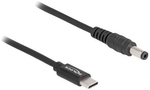 USB-C-zu-DC-Stromkabel, schwarzes Design, mit einem USB-C-Stecker auf der einen Seite und einem DC-Stecker auf der anderen Seite.