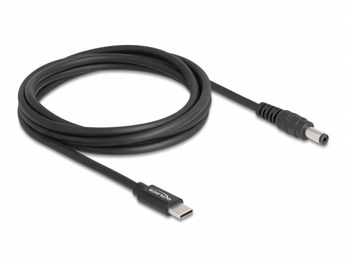 Schwarzes USB-C-auf-DC-Kabel, geeignet für Stromversorgung und Laden von Geräten.