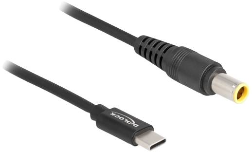 USB-C-zu-DC-Anschlusskabel von Delock, schwarz. Links USB-C-Stecker, rechts DC-Anschluss. Für Geräteverbindungen genutzt.
