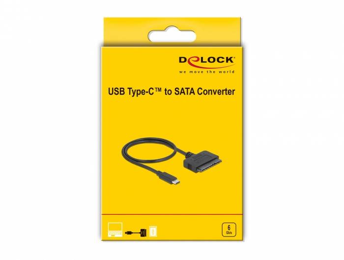 Die gelbe Verpackung zeigt einen 'USB Type-C to SATA Converter' der Marke Delock, geeignet für Datenübertragung von bis zu 6 Gb/s.