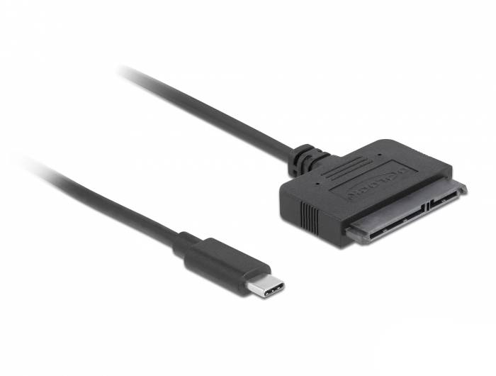 USB-C-auf-SATA-Kabeladapter, schwarz, mit flachem SATA-Anschluss. Eignet sich für den Anschluss von SATA-Laufwerken an USB-C-Geräte.