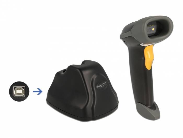 Delock 90550 2D Barcode-Scanner Kabelgebunden 2D, 1D LED Schwarz, Orange Hand-Scanner inkl. Standfuß