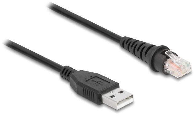 Dargestellt ist ein USB-auf-RJ45-Adapterkabel. Links ein USB-Stecker, rechts ein RJ45-Stecker. Zum Verbinden von Geräten mit unterschiedlichen Schnittstellen.
