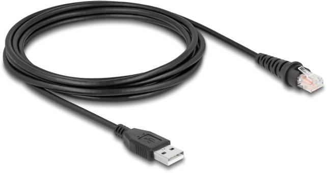 Ein schwarzes USB-Kabel mit USB-Anschluss an einem Ende und Ethernet-Stecker am anderen Ende, auf weißem Hintergrund.