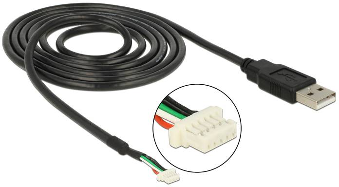 Schwarzes USB-Kabel mit kleinem weißen Stecker am Ende und Nahaufnahme des Steckverbinders, zeigt die red, black, green und white Drähte.