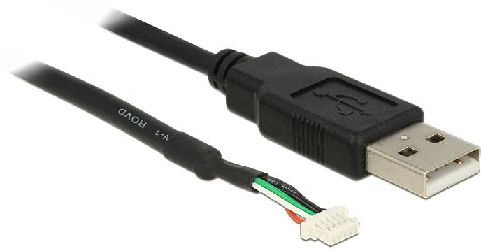 Ein schwarzes USB-Kabel mit einem Stecker am oberen Ende und freien farbigen Drähten am unteren Ende.