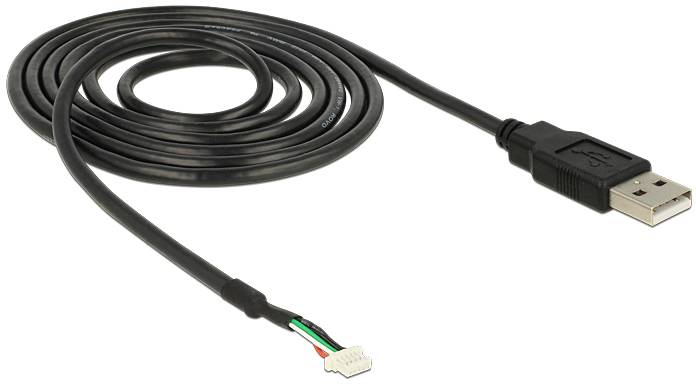 Ein schwarzes, spiralförmig gerolltes USB-Kabel mit offenen Enden auf der einen Seite und einem USB-Stecker auf der anderen Seite.