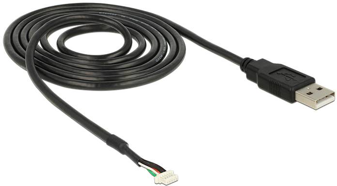 Ein schwarzes USB-Kabel mit einem anschließbaren Stecker auf der einen Seite und offenen Drahtenden auf der anderen Seite.