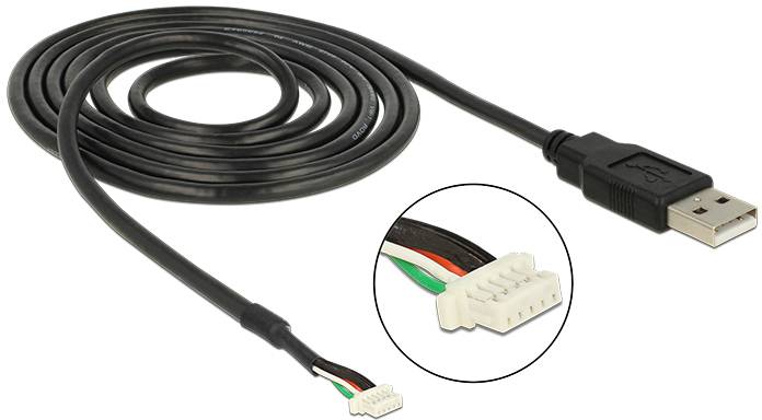 Schwarzes USB-Kabel mit einem USB-Stecker am einen Ende und einem mehrfarbigen Kabelabschluss mit Stecker am anderen Ende.