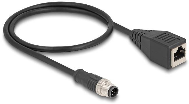 Schwarzes Ethernet-Verlängerungskabel mit RJ45-Buchse und M12-Stecker.
