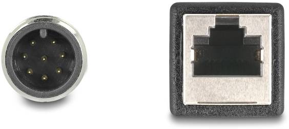 Zwei Steckertypen, links rund mit mehreren Pins, rechts quadratisch mit RJ45-Buchse, auf weißem Hintergrund.