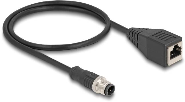 Ein schwarzes Anschlusskabel mit RJ45-Stecker auf der einen und einem runden Industriestecker auf der anderen Seite, für Netzwerke verbunden.