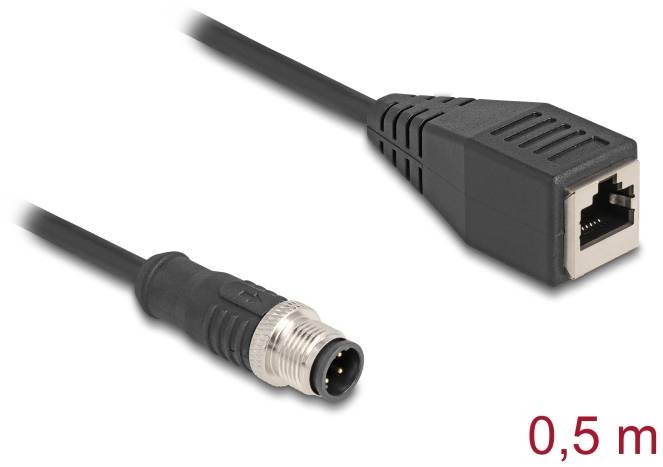 Ein schwarzes Verbindungskabel, 0,5 m lang, mit einem M12-Stecker auf der einen Seite und einem RJ45-Stecker auf der anderen.