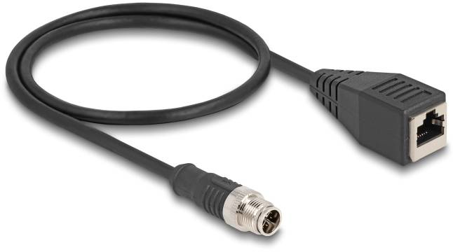 Schwarzes Ethernet-Kabel mit M8-Stecker an einem Ende und RJ45-Buchse am anderen, für industrielle Netzwerkanwendungen.