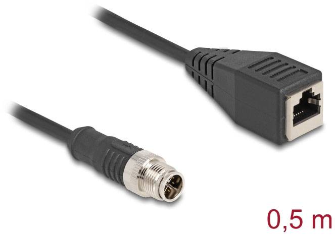 Netzwerkkabel mit RJ45-Stecker auf M12-Stecker, Länge 0,5 m.