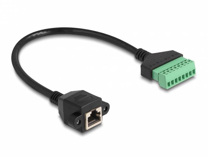 Ein schwarzes Kabel mit einem RJ45-Buchsenadapter auf der einen Seite und einem grünen Klemmenblock auf der anderen Seite.