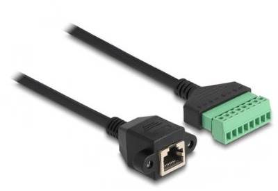 Ein schwarzes Kabel mit einem RJ45-Stecker auf der linken Seite und einem grünen Terminalblock-Stecker auf der rechten Seite.