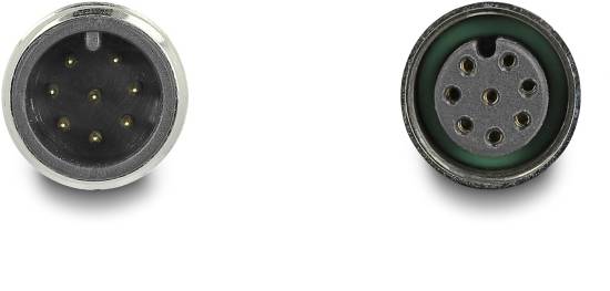 Zwei siebpolige Rundsteckverbinder, einer mit Stiftkontakten und der andere mit Buchsenkontakten, liegen nebeneinander.