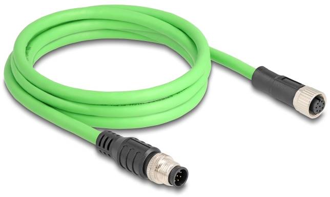 Grünes elektrisches Kabel mit schwarzen und silbernen Steckverbindern an beiden Enden. Möglicherweise für industrielle Anwendungen.