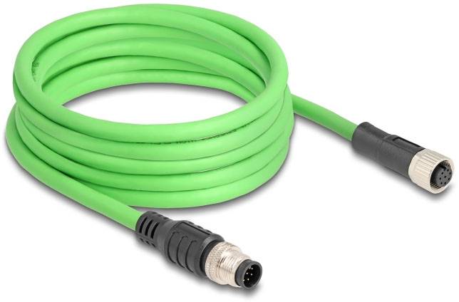 Grünes Kabel mit M12-Steckverbindungen an beiden Enden, geeignet für industrielle Sensor- und Aktoranschlüsse.