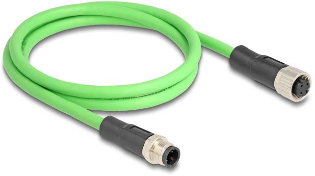 Grünes Kabel mit zwei schwarzen Steckern an den Enden, verwendet für Daten- oder Stromverbindungen in technischen Anwendungen.