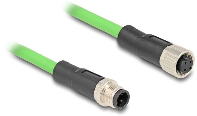 Zwei industrielle Steckverbinder, männlich und weiblich, an grünem Kabel. Geeignet für sichere Übertragungen in rauen Umgebungen.