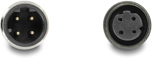 Ein XLR-Stecker mit drei Pins und eine XLR-Buchse mit drei Löchern, beide auf weißem Hintergrund abgebildet. Sie sind Audio-Anschlusskomponenten.