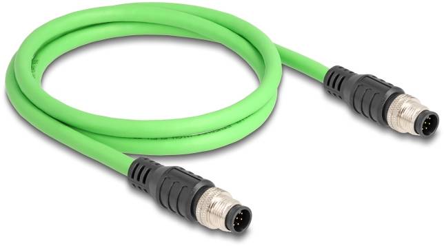 Grünes Kabel mit zwei Steckverbindern an den Enden, verwendet für industrielle Anwendungen oder Maschinenverkabelungen.