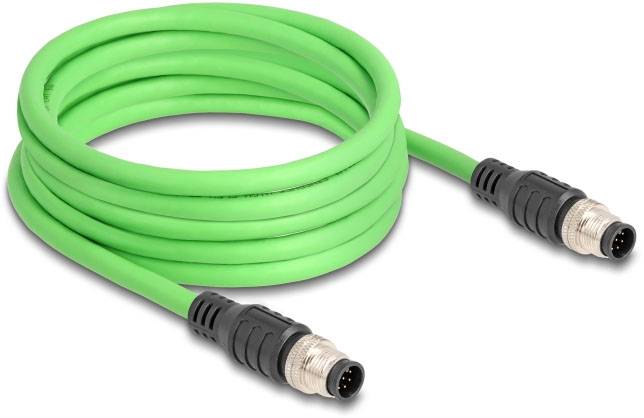 Ein grünes, spiralförmig gewickeltes Kabel mit schwarzen Steckverbindern an beiden Enden.