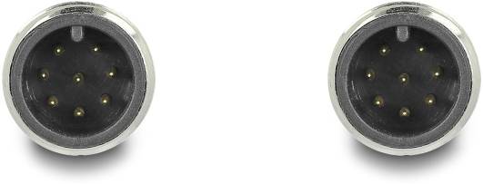 Zwei runde, silberne Stecker mit mehreren Pins, nebeneinander positioniert auf einem weißen Hintergrund.