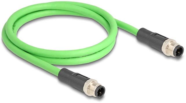 Ein grünes, rundes Kabel mit schwarzen Steckverbindungen an beiden Enden.