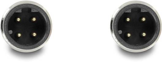 Zwei runde, vierpolige Buchsen, nebeneinander angeordnet, mit schwarzem Inneren und silbernem Rand, auf weißem Hintergrund.