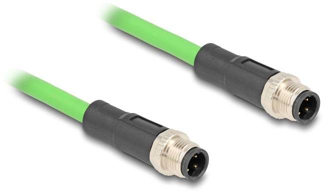 Zwei grüne Ethernet-Kabel mit schwarzen Steckern. Die Stecker haben Metallgewinde und sind parallel zueinander angeordnet.