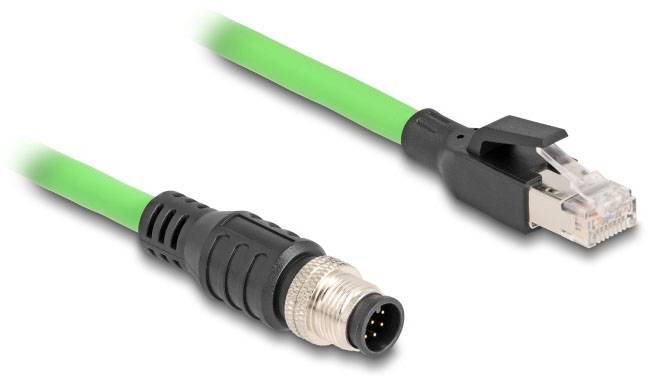 Grünes Ethernet-Kabel mit M12-Stecker auf RJ45-Stecker, geeignet für industrielle Anwendungen und robuste Netzwerkanbindungen.