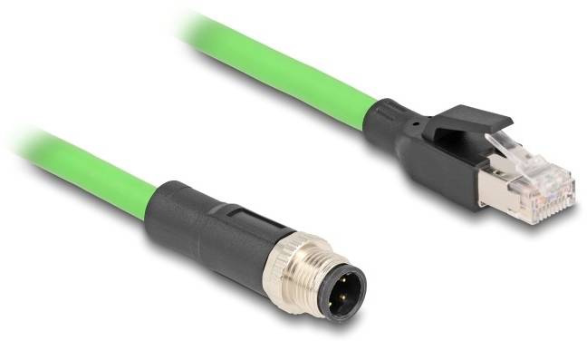 Ein grünes Ethernet-Kabel mit einem M12-Rundstecker und einem RJ45-Stecker für industrielle Netzwerkanwendungen.