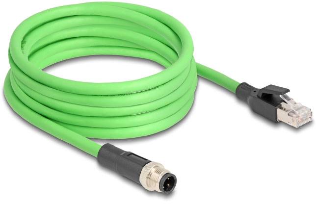 Ein grünes Ethernet-Kabel mit einem RJ45-Stecker und einem M12-Stecker, geeignet für industrielle Netzwerkverbindungen.