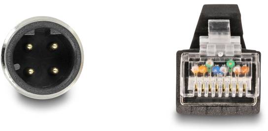 Links ist ein runder, dreipoliger XLR-Stecker, rechts ein rechteckiger RJ45-Stecker mit farbigen Drähten.
