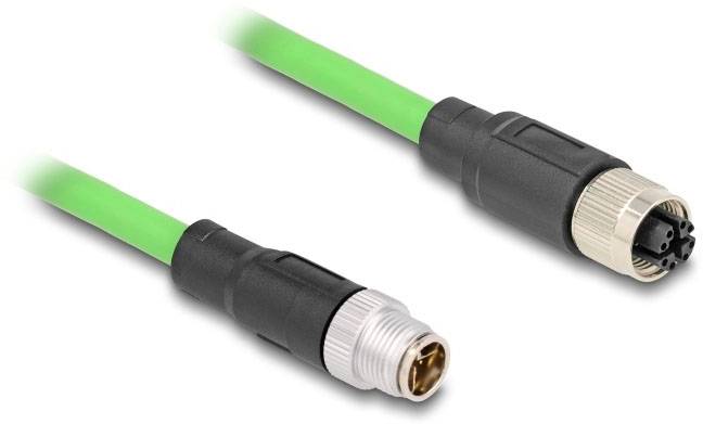 Ein grünes M12-Kabel mit zwei Steckverbindern an den Enden, die jeweils eine unterschiedliche Anschlussart haben.